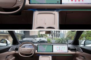 Two views of the interior of a Xpeng car, showcasing the dashboard with dual screens, steering wheel, and center console.