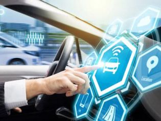 Connected car tech: Driver interacting with holographic infotainment icons, including car status, Wi-Fi, and navigation, in a futuristic cockpit.