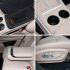 Collage of four images showcasing the interior details of a car, including the center console storage, cup holders, armrest, and seat adjustment controls.