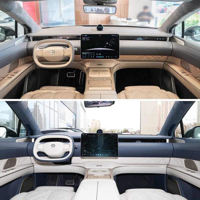 Comparison of two car interiors, one with a beige and gray color scheme and the other with a blue and white color scheme, both featuring large central screens.