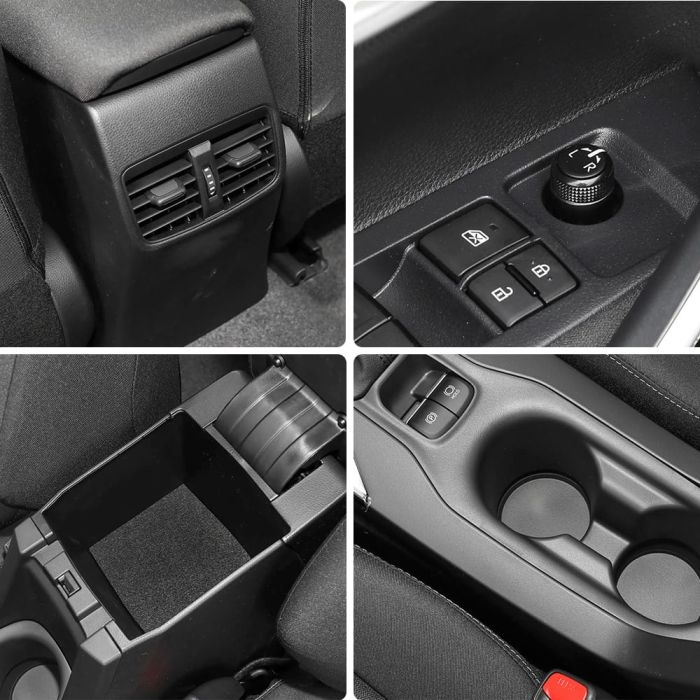 Four close - up views of a car's interior, including air vents, control buttons, a storage compartment, and cup holders.