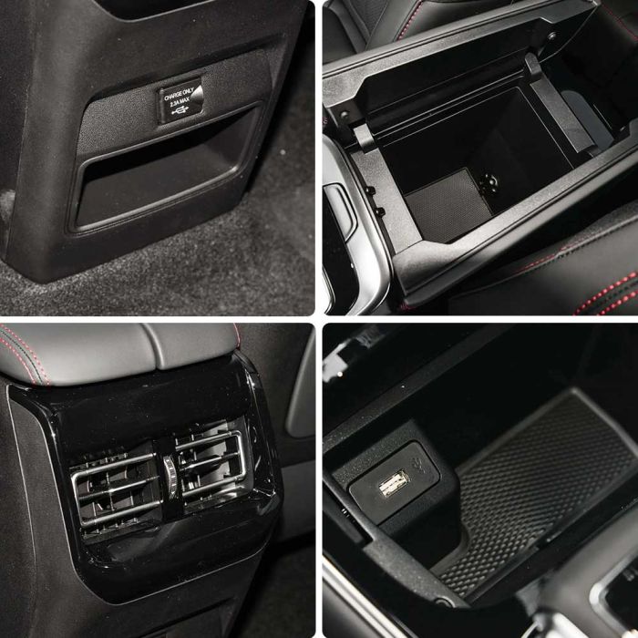 A collage of a car's interior details: a charging port, center console storage, rear air vents, and a USB port, showcasing functional and sleek design elements.
