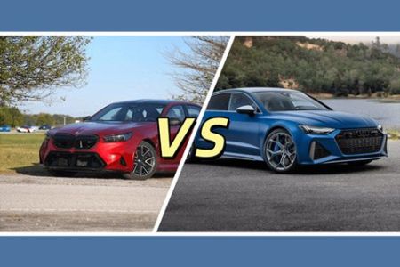 A head-to-head comparison of the red BMW sedan and blue Audi RS7 Sportback, highlighting their sporty designs and performance-oriented aesthetics in contrasting scenic settings.