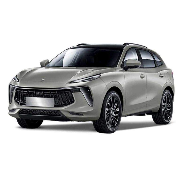 A silver Fengon SUV with a black roof, shown from a dynamic angle against a plain white background, highlighting its modern, sleek design and stylish details.