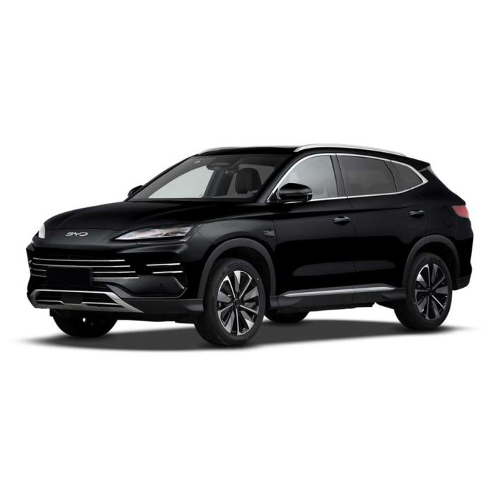 A black BYD SUV shown in a three-quarter front view against a white background, highlighting its sleek design and modern aesthetics.