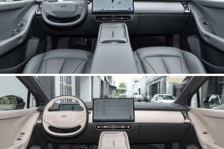 A comparison of two car interiors, one in dark gray and the other in light beige, highlighting differences in color and design.