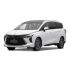 A white MPV with a sleek design, featuring a bold front grille and panoramic sunroof, is showcased against a plain background, highlighting its modern and spacious appearance.