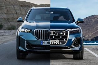 BMW vs Audi front split: Teal BMW X5 and blue Audi Q7, split-screened against desert and coastal backdrops.