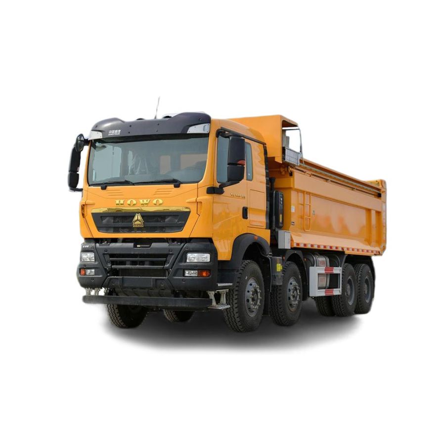 Yellow HOWO dump truck, side view, isolated on white background.