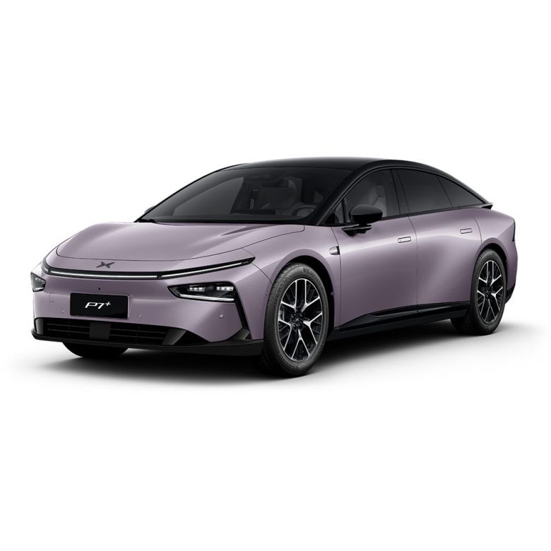 A lavender Xpeng P7+ electric car.