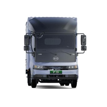 Front view of a light blue BYD T5 electric truck, isolated on a white background.