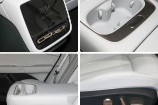 A collage showing details of a car's interior, including a control panel, cup holders, and seat adjustment buttons.