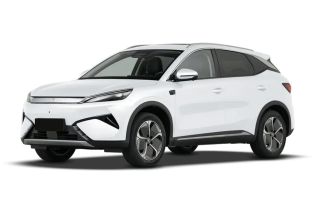 A white BYD Yuan Plus electric SUV.