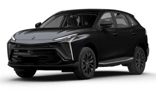 A sleek black SUV with a glossy finish, shown at a dynamic angle against a plain white background, highlighting its modern design and sophisticated black alloy wheels.