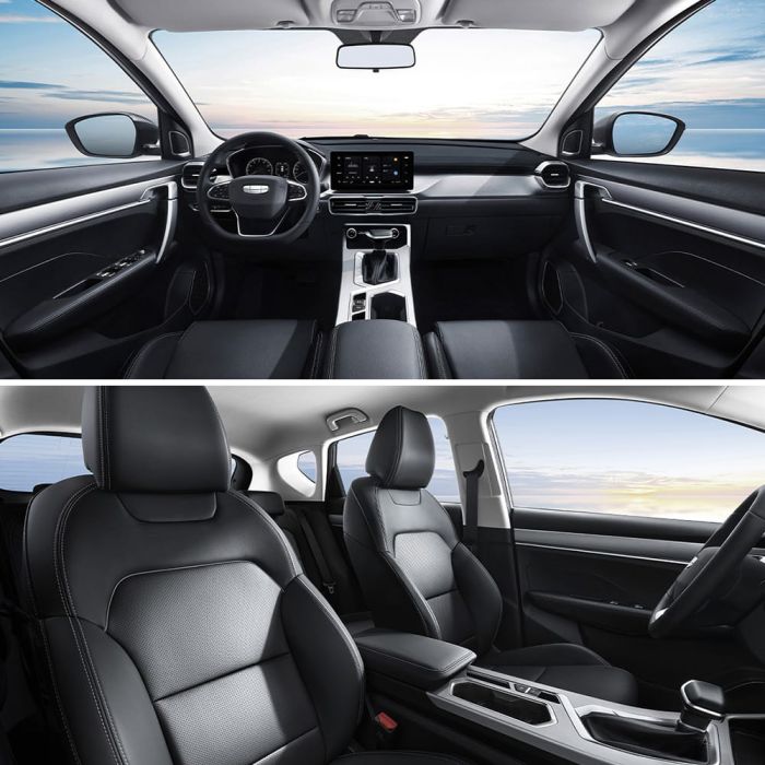 Interior of a car, showing the dashboard, front seats, and a spacious, modern design with a view of the sky through the windows.