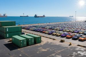 Exported cars are being prepared at the port for shipment to Africa