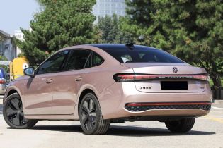 Rear side view of a pink Volkswagen Passat sedan parked on a road, with trees and a building in the background.