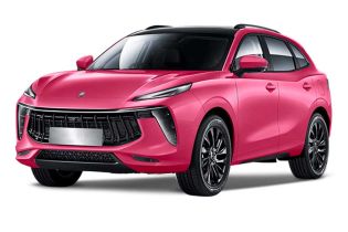 A pink Fengon SUV with a black roof, displayed at a dynamic angle against a plain white background, highlighting its modern, sleek design and stylish details.