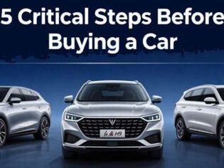 Cover image for "5 Critical Steps Before Buying a Car" with three silver SUVs.