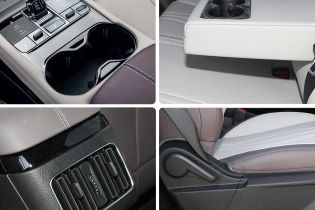 A collage showcasing a car's interior details: center console with cup holders, rear armrest with cup holders, air vent, and seat adjustment area, highlighting comfort and functionality.