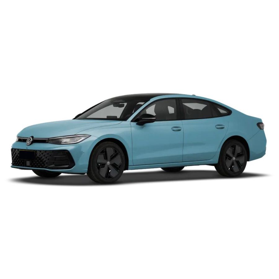 A light blue Volkswagen sedan with a sleek design, black wheels, and a modern appearance.