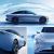 A collage showcasing a light blue electric sedan from multiple angles, highlighting its sleek design, distinctive headlights, and black wheels, with a water-inspired aesthetic background emphasizing fluidity and modernity.