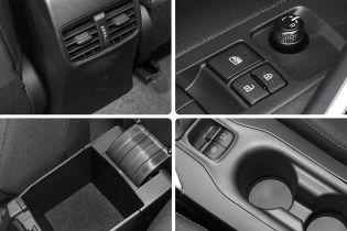 Four close - up views of a car's interior, including air vents, control buttons, a storage compartment, and cup holders.