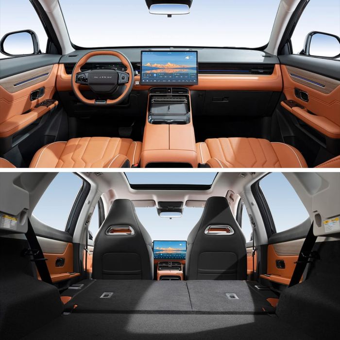 A look at the interior of a car, showcasing a sleek dashboard with a large screen, comfortable seats, and a spacious rear area.