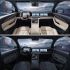 Two different interior designs of a Geely car, with a mountain landscape view outside.
