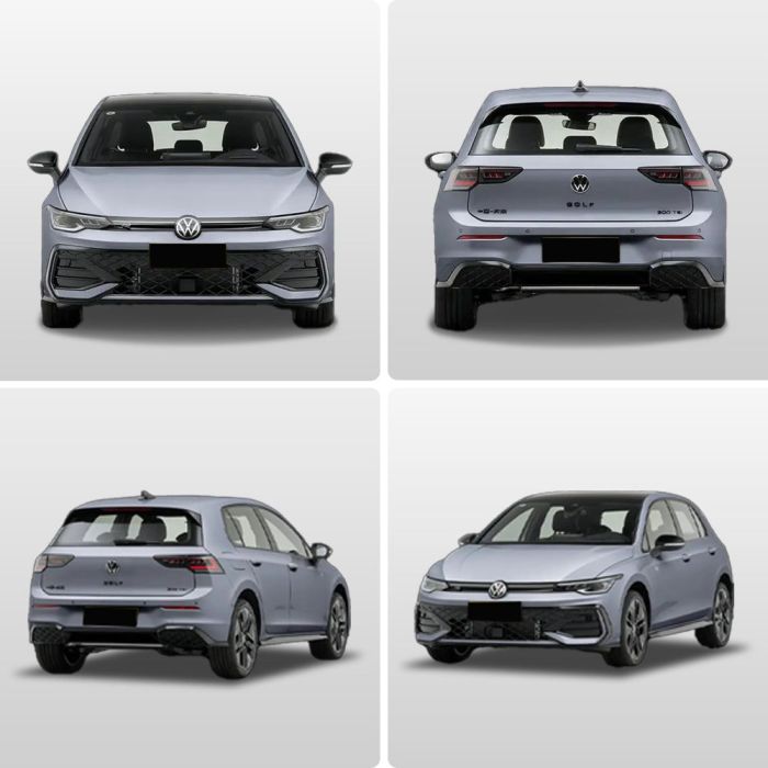Four views (front, rear, side - rear, side - front) of a light gray Volkswagen Golf hatchback.