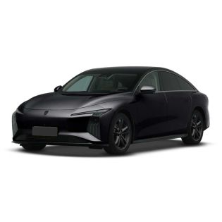 A black electric sedan with a sleek, modern design, featuring a black roof, distinctive headlights, and black alloy wheels, presented against a plain white background.