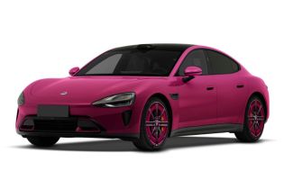 A bright pink xiaomi SU7 with matching pink wheels.