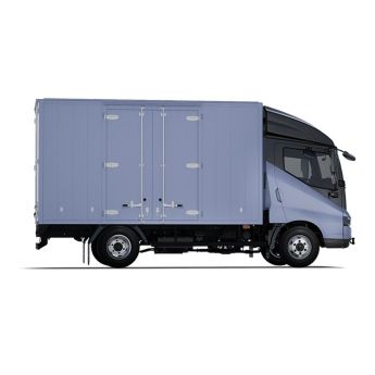 Side view of a light blue box truck with double rear doors, isolated on a white background.