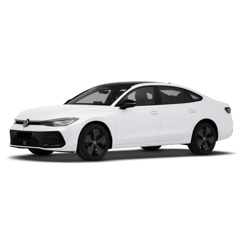 A sleek white Volkswagen sedan with black wheels and a modern design.