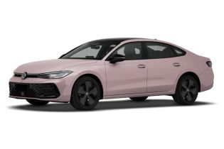 A stylish pink Volkswagen sedan with black wheels and a modern design.