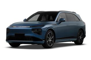 A blue Xpeng electric SUV with a sleek, modern design.