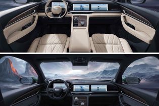 Two different interior designs of a Geely car, with a mountain landscape view outside.