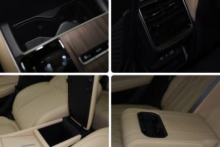 Four views of car interior storage spaces, including compartments and cup holders.