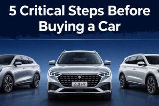 Cover image for "5 Critical Steps Before Buying a Car" with three silver SUVs.