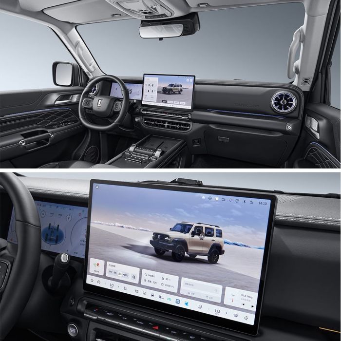 Interior of a car featuring a digital dashboard and a large central touchscreen displaying a vehicle image.