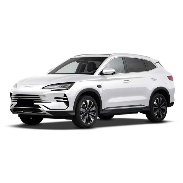 A white BYD SUV, displayed at a dynamic angle against a plain white background, highlighting its modern, sleek design and stylish black alloy wheels.