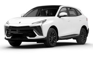 A white SUV with a black roof, shown at a dynamic angle against a plain white background, highlighting its modern, sleek design and stylish black alloy wheels.