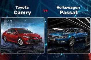 "Head-to-head: Red Toyota Camry (left, city backdrop) vs. blue Volkswagen Passat (right, indoor setting). 'Toyota Camry vs Volkswagen Passat' text tops this midsize sedan comparison graphic."