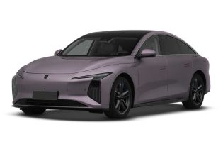 A lavender electric sedan with a sleek, modern design, featuring a black roof, distinctive headlights, and black alloy wheels, presented against a plain white background.