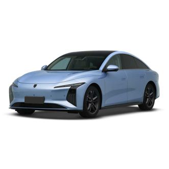 A light blue electric sedan with a sleek, modern design, featuring a black roof, distinctive headlights, and black alloy wheels, presented against a plain white background.