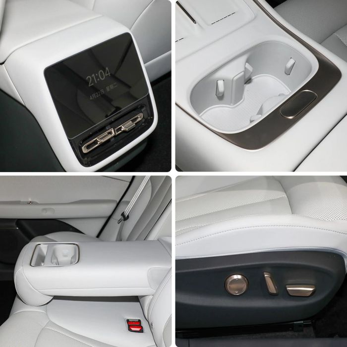 A collage showing details of a car's interior, including a control panel, cup holders, and seat adjustment buttons.