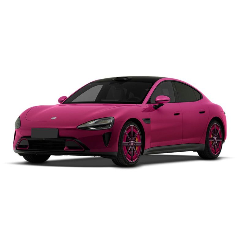 A bright pink xiaomi SU7 with matching pink wheels.