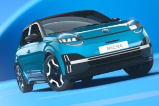 The teal Nissan Micra, with its futuristic design and bold headlights, is showcased against a vibrant blue background, highlighting its modern and dynamic aesthetic.