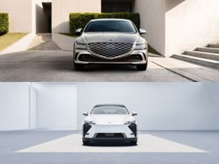 Split front-view comparison image of two Genesis luxury sedans; upper silver model with intricate mesh grille, lower white variant featuring minimalist smooth front fascia design