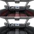 Two views of a car's interior, showcasing different seat and door panel color schemes (red and black) with a digital dashboard display.